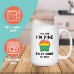 Bubble Hugs Funny Coffee Mug 15 oz, It's Fine I'm Fine Everything Is Fine Dumpster Fire Humor Joke Sarcastic Gift for Family Best Friend Coworkers, White