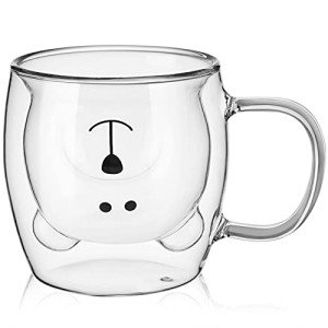 Cute Bear Tea Cup Double Wall Glass Milk Coffee Bear Mug with Handle Insulated Espresso christmas Beer Cup Cute Birthday gift for Women Men Valentine's Day, 250 ml/ 8.4 oz (White, 1 Piece)