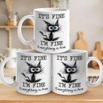 Kraftiful Funny Cat Coffee Mug, Cat Mugs For Cat Lovers Women, Its Fine Im Fine Everythings Fine Mug, Cat Cup, Cat Mug, Gifts For Cat Lovers For Women, Cat Coffee Mugs For Cat Lovers, Black Cat Cups