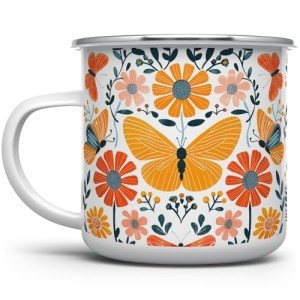 Floral Butterfly Enamel Camping Coffee Mug, Nature Flowers Botanical Gift Cup Friend Coworker Women Mom (12oz)