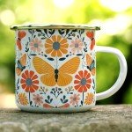 Floral Butterfly Enamel Camping Coffee Mug, Nature Flowers Botanical Gift Cup Friend Coworker Women Mom (12oz)