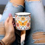 Floral Butterfly Enamel Camping Coffee Mug, Nature Flowers Botanical Gift Cup Friend Coworker Women Mom (12oz)