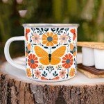 Floral Butterfly Enamel Camping Coffee Mug, Nature Flowers Botanical Gift Cup Friend Coworker Women Mom (12oz)