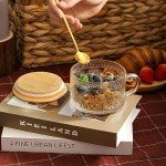 LANDNEOO 4pcs Set Vintage Coffee Mugs gifts for women, Overnight Oats Containers with Bamboo Lids and Spoons - 14oz Clear Embossed Glass Cups, Cute Coffee Bar Accessories, Iced Coffee Glasses