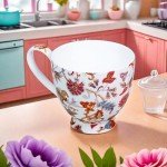 LanHong 16 oz Floral Mugs Bone Porcelain Coffee Tea Cup Cute Coffee Mug Gift for Friend Colleague Dad Mom (Red)