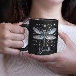 Customized Elegant Dragonfly Design Mug, Personalized Nature Inspired Ceramic Cup, Insect Themed Coffee Mug 11oz 15oz, Custom Name Black Cup With Dragonfly, Beautiful Dragonfly Mug
