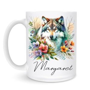 Wolf Floral Illustration Coffee Mug, Personalized Wilderness Animal Cup with Name, Wolf Enthusiast Gift, Artistic Ceramic Mug 11oz/15oz, Nature-Inspired Kitchenware, Unique Wolf Art Mug
