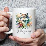 Wolf Floral Illustration Coffee Mug, Personalized Wilderness Animal Cup with Name, Wolf Enthusiast Gift, Artistic Ceramic Mug 11oz/15oz, Nature-Inspired Kitchenware, Unique Wolf Art Mug