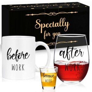 Futtumy Before Work After Work Gift Set 11oz Coffee Mug 17oz Stemless Wine Glass 2oz Shot Glass Set for Boss Coworker Manger Leader Employee, Office Gifts Bosses Day Gifts Christmas Gift for Women