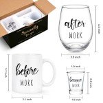 Futtumy Before Work After Work Gift Set 11oz Coffee Mug 17oz Stemless Wine Glass 2oz Shot Glass Set for Boss Coworker Manger Leader Employee, Office Gifts Bosses Day Gifts Christmas Gift for Women