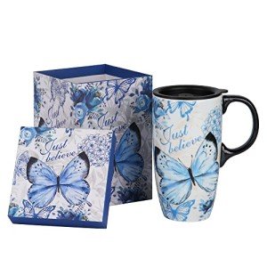 Topadorn Ceramic Mug Coffee Cup with Lid and Matching Box,17oz.Butterfly,Just Believe
