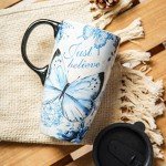 Topadorn Ceramic Mug Coffee Cup with Lid and Matching Box,17oz.Butterfly,Just Believe
