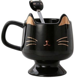 Yuwu Cute Cat Mug for Cat Lovers - Ceramic Coffee Mug Cup with Spoon, Perfect for Cat-Loving Girls and Christmas Gifts (Black)