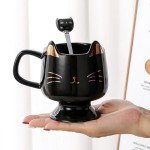 Yuwu Cute Cat Mug for Cat Lovers - Ceramic Coffee Mug Cup with Spoon, Perfect for Cat-Loving Girls and Christmas Gifts (Black)