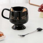 Yuwu Cute Cat Mug for Cat Lovers - Ceramic Coffee Mug Cup with Spoon, Perfect for Cat-Loving Girls and Christmas Gifts (Black)