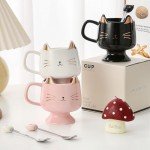Yuwu Cute Cat Mug for Cat Lovers - Ceramic Coffee Mug Cup with Spoon, Perfect for Cat-Loving Girls and Christmas Gifts (Black)