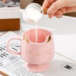 Yuwu Cute Cat Mug for Cat Lovers - Ceramic Coffee Mug Cup with Spoon, Perfect for Cat-Loving Girls and Christmas Gifts (Black)