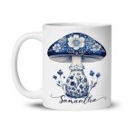 Floral Mushroom White Cup, Nature Inspired Coffee Mug, Personalized Mushroom Lovers Ceramic Mug, Custom Name Flower Themed Mug 11oz 15oz, Customized Artistic Cup, Gift For Friend