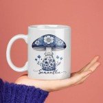 Floral Mushroom White Cup, Nature Inspired Coffee Mug, Personalized Mushroom Lovers Ceramic Mug, Custom Name Flower Themed Mug 11oz 15oz, Customized Artistic Cup, Gift For Friend