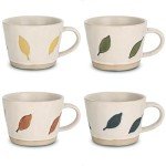 LINVIA Leaf Mug, 11 oz Ceramic Coffee Cup for Tea Latte Cappuccino, Cute Unique Stoneware Teacup with Handle (Set of 4, Green Blue Yellow and Brown)