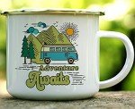 Adventure Awaits Retro Camper Coffee Mug, Nature Wanderlust Van Life Campfire Cup, Mountain Hiking Camping Lover Gift (16oz)