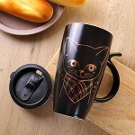 WHJY 20oz Large Black Cute Cat Ceramic Coffee Mug Cup with Splash-proof Lid, Cat Tail Shape Handle, Animal Cat Mug Tumbler (black)