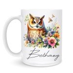 WANDORIA Enchanting Owl Coffee Mug, Customized Nocturnal Bird Cup with Name, Owl Admirer Gift, Forest Night Ceramic Mug 11oz/15oz, Floral Owl Art Drinkware, Nature-Inspired Design Mug