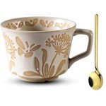 Ceramic Latte Mug with Coffee Gold Spoon 12oz - Microwavable, Porcelain Coffee Cup With Handle, Modern, Boho, Unique Style Cup, Dishwasher Microwave Safe Stoneware W006-Blowball
