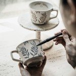 Ceramic Latte Mug with Coffee Gold Spoon 12oz - Microwavable, Porcelain Coffee Cup With Handle, Modern, Boho, Unique Style Cup, Dishwasher Microwave Safe Stoneware W006-Blowball