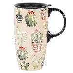 Topadorn Coffee Ceramic Mug Porcelain Latte Tea Cup With Lid 17oz., Cactus