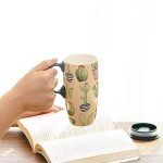 Topadorn Coffee Ceramic Mug Porcelain Latte Tea Cup With Lid 17oz., Cactus
