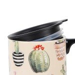 Topadorn Coffee Ceramic Mug Porcelain Latte Tea Cup With Lid 17oz., Cactus