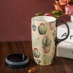 Topadorn Coffee Ceramic Mug Porcelain Latte Tea Cup With Lid 17oz., Cactus