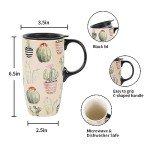 Topadorn Coffee Ceramic Mug Porcelain Latte Tea Cup With Lid 17oz., Cactus