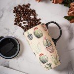 Topadorn Coffee Ceramic Mug Porcelain Latte Tea Cup With Lid 17oz., Cactus
