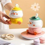 Cute 3D Duck Coffee Mug,Funny Duck Ceramic Coffee Cup with Hat Lid and Lovely Flower Spoon,White Elephant Gifts for Adult Women Men Friends Gag Gifts Christmas Birthday Gifts for Women Girls
