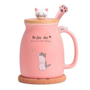 Feify Cute Cat Cup Ceramic Coffee Mug with Kawaii Cat Wooden Lid, Lovely Stainless Steel Spoon, Anime Kitty Thicken Wooden Coaster, Christmas Birthday Cute Thing Japanese Mug 16oz (Pink)