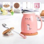 Feify Cute Cat Cup Ceramic Coffee Mug with Kawaii Cat Wooden Lid, Lovely Stainless Steel Spoon, Anime Kitty Thicken Wooden Coaster, Christmas Birthday Cute Thing Japanese Mug 16oz (Pink)