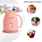 Feify Cute Cat Cup Ceramic Coffee Mug with Kawaii Cat Wooden Lid, Lovely Stainless Steel Spoon, Anime Kitty Thicken Wooden Coaster, Christmas Birthday Cute Thing Japanese Mug 16oz (Pink)