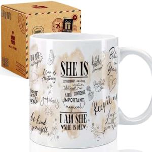 Puouoonyi Inspirational Gifts Mug for Women - Positive Daily She Is Affirmations Mug 11oz, Motivational, Mental Health, Self Love, Self Care & Mindfulness Gift for Girls Mom Friends