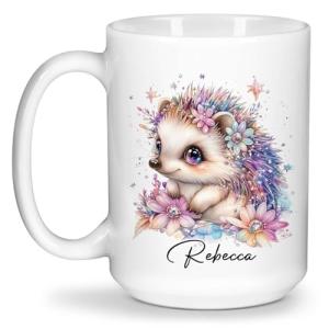 Cute Hedgehog Coffee Mug, Custom Nature Inspired Cup For Kids, Personalized Name On Hedgehog Design Ceramic Cup, Gift For Birthday, Customized Glitter Animal White Mug 11oz 15oz