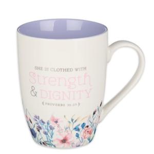 Christian Art Gifts Scripture Ceramic Encouraging Coffee and Tea Mug for Women: Strength and Dignity - Proverbs 31:25 Inspirational Bible Verse Cup for Hot and Cold Beverages, White & Lavender 12 oz.