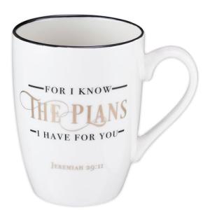 Christian Art Gifts Inspirational Ceramic Coffee & Tea Scripture Mug for Men, Women & Grads: Know The Plans Encouraging Bible Verse, Lead & Cadmium-free Non-Toxic Novelty Cup, White/Black/Gold, 12 oz.