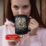 Mystical Dragon Ceramic Cup, Customized Choose Name Coffee Mug 11oz, Gift For Dragon Lovers, Personalized Floral Animal Black Cup, Custom Nature Inspired Mug, Glitter Dragon Mug