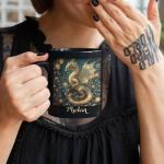 Mystical Dragon Ceramic Cup, Customized Choose Name Coffee Mug 11oz, Gift For Dragon Lovers, Personalized Floral Animal Black Cup, Custom Nature Inspired Mug, Glitter Dragon Mug