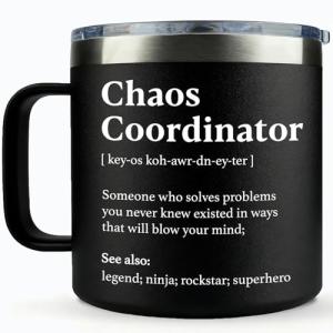 WECACYD Chaos Coordinator Gifts - Thank You Gifts for Women, Boss Lady, Coworkers, Employee, Teacher, Nurse, Office - Boss Day Gift - 14oz Black Chaos Coordinator Coffee Mug
