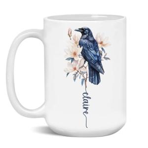 Custom Magnolia Flower Coffee Cup 11oz 15oz, Personalized Name Ceramic Mug, Decorative Cup With Crow, Customized Bird And Floral White Mug, Nature Inspired Keepsake Cup, Crow Mug