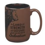 Christian Art Gifts Large Inspirational Ceramic Microwave & Dishwasher Safe Coffee & Tea Scripture Mug for Men & Women: Lord is My Strength Encouraging Bible Verse, Lion Design, Brown & Black, 14 oz.
