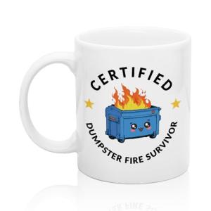 XQLZY Certified Dumpster Fire Survivor Coffee Mug, Dumpster Fire Humor Cup, Humor Joke Sarcastic Gifts for Coworker Work Friends Boss Leader, Promotion New job Gifts for Colleagues