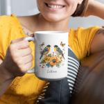 Customized Lesser Goldfinch Bird Ceramic Cup With Name, Colorful Flowers And Butterflies Tea Mug, Personalized Bird Lover Present, Nature Inspired Coffee Cup For Bird Enthusiasts